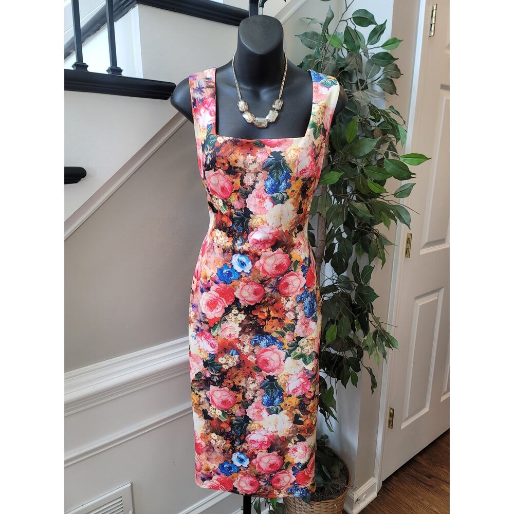 Akira Chicago Red Label Pencil Dress Women's Large Multi Stretch Floral Back Zip